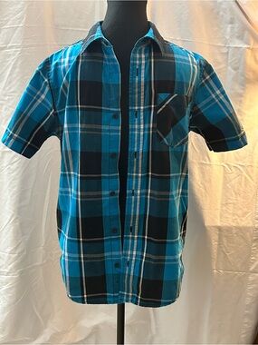 Tony Hawk Turquoise and Black Plaid Short-Sleeve Button-Down Shirt